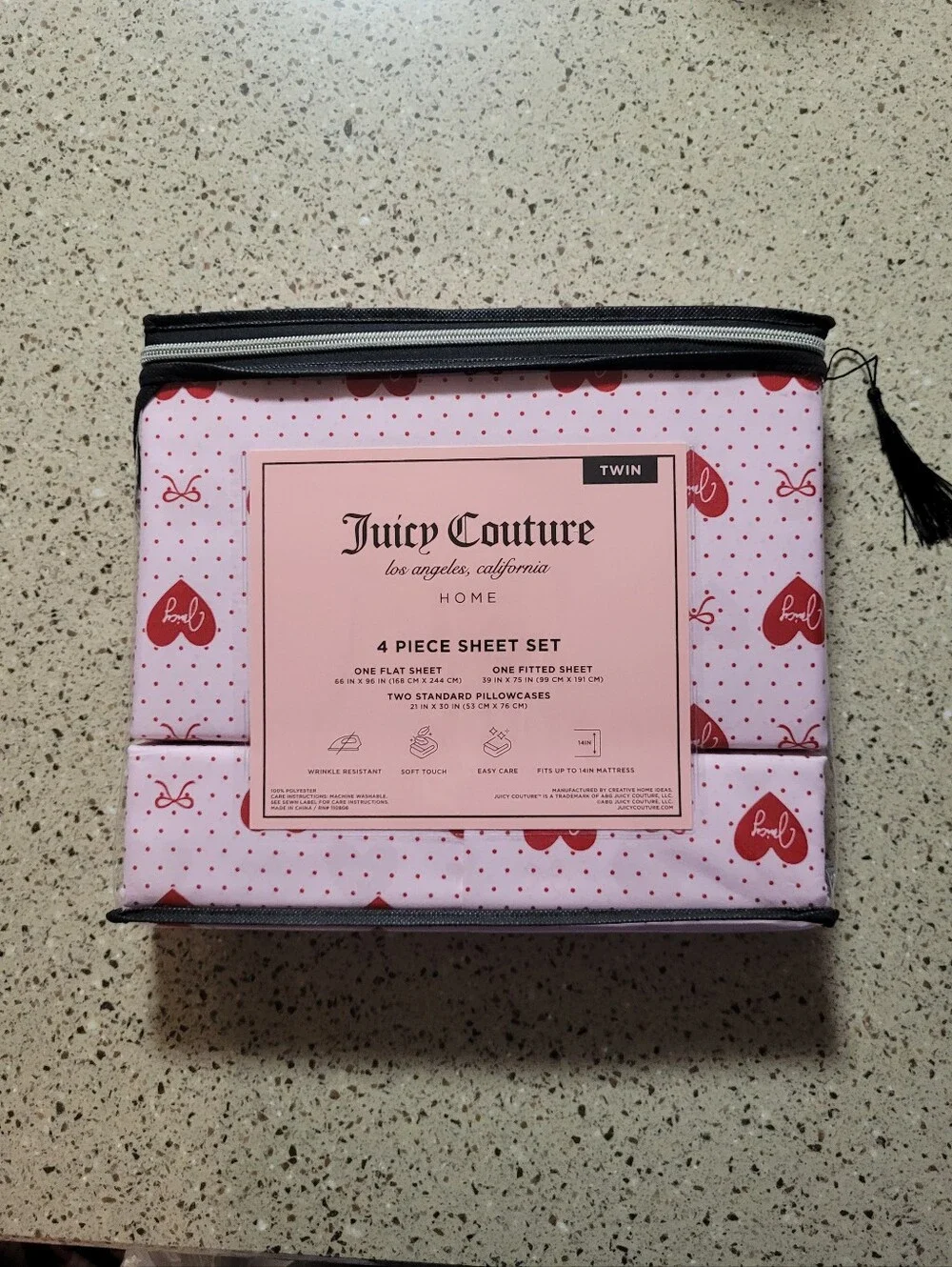 Juicy Couture 4-Pc Twin Size Bedsheet Set Hearts Juicy Spellout Bows Polka Dots